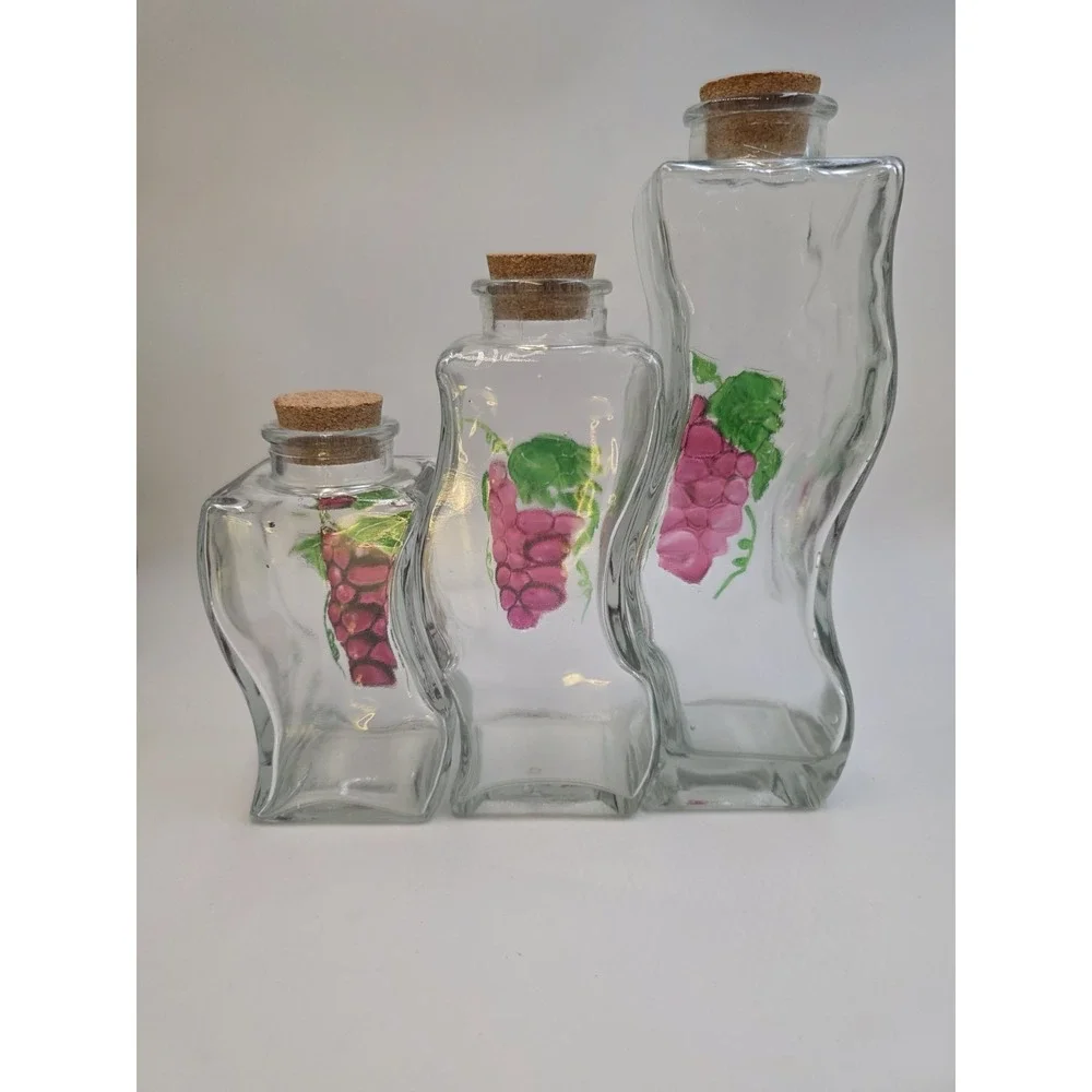 VTG Set 3 Clear‎ Glass Grape Painted Canisters Cork Lids Kitchen Farmhouse Decor
